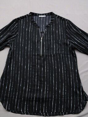 Furnex XL Black White Abstract Stripe Zip Front Tunic Blouse Roll Tab Sleeve